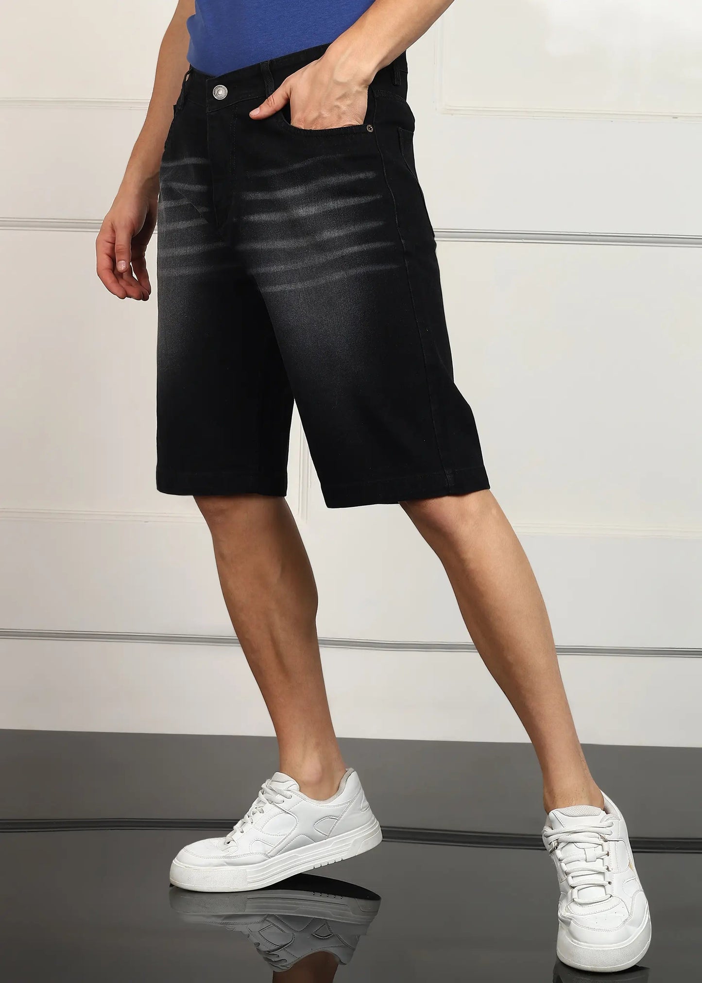 DENIMOR Solid Men Denim Dark Grey Baggy Shorts DENIMOR