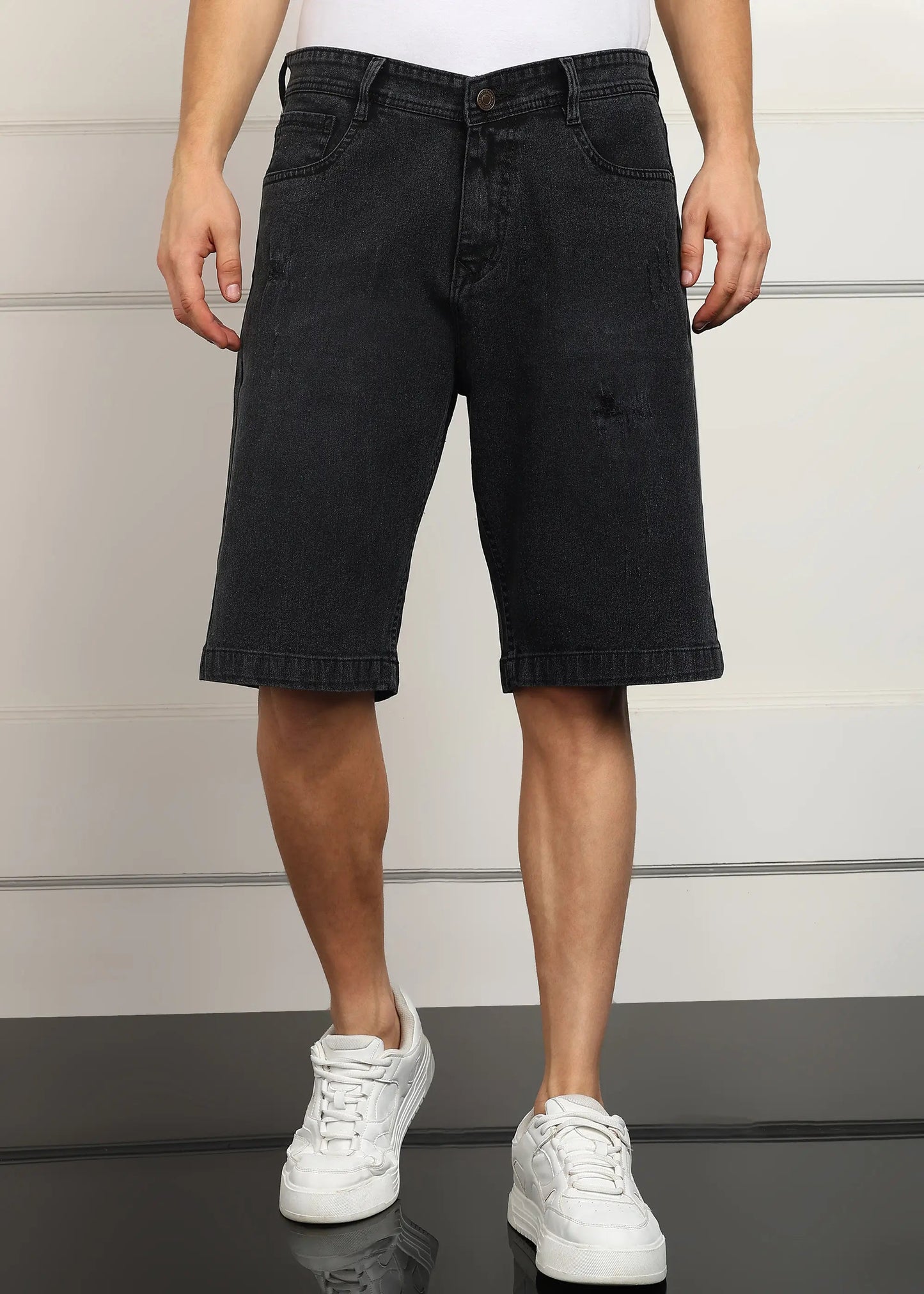 DENIMOR Solid Men Denim Dark Grey Baggy Shorts DENIMOR
