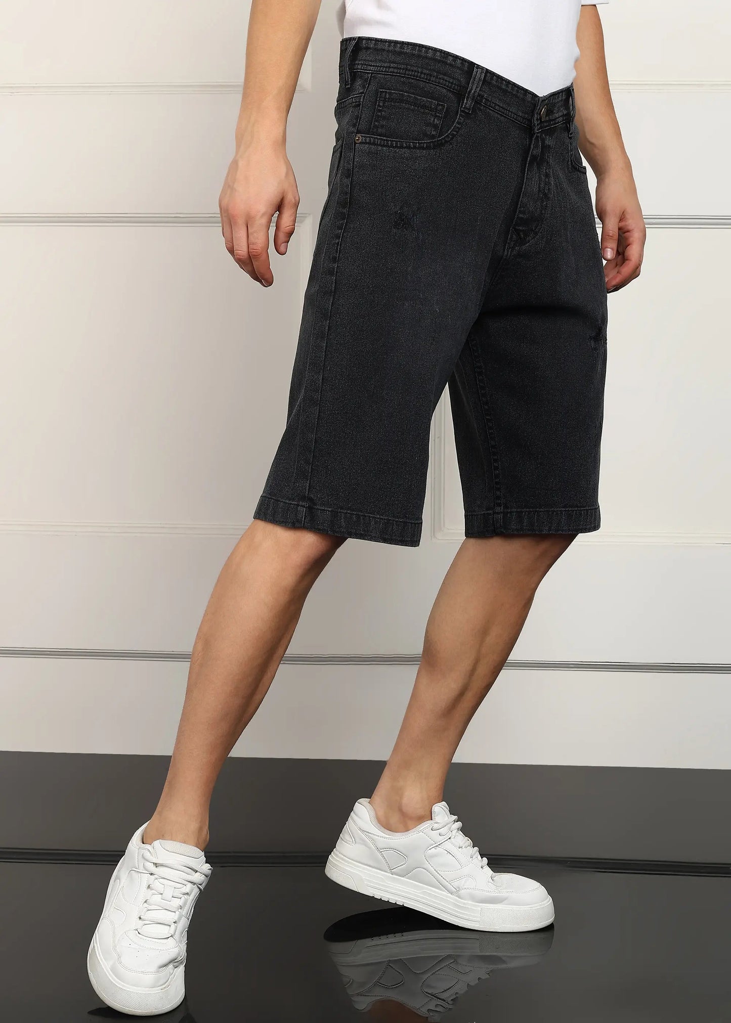 DENIMOR Solid Men Denim Dark Grey Baggy Shorts DENIMOR