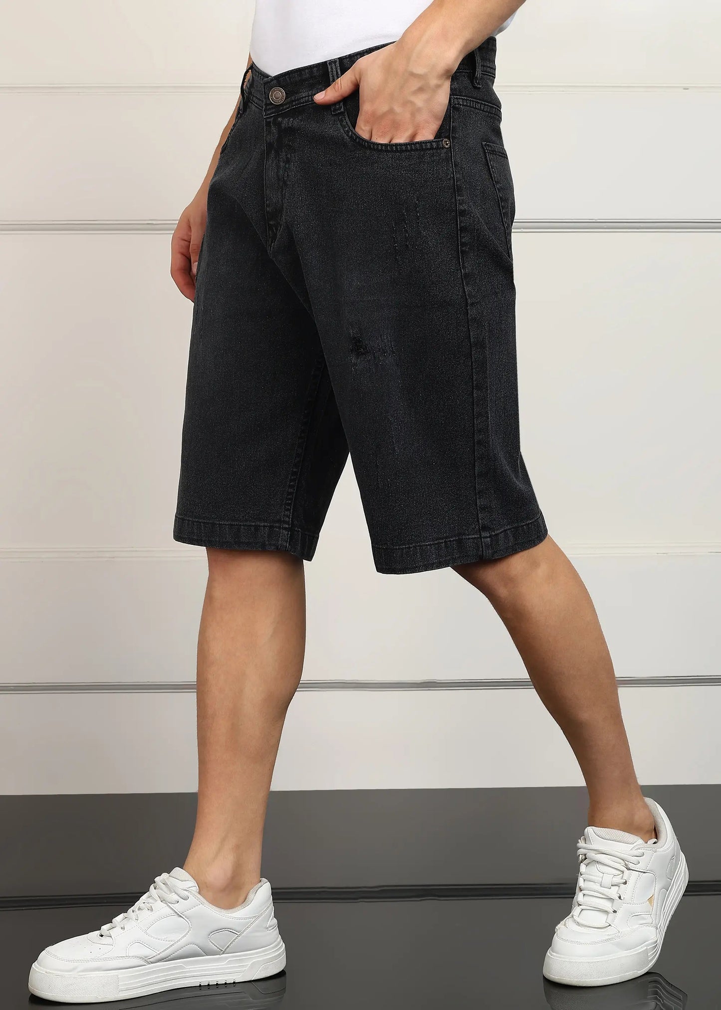 DENIMOR Solid Men Denim Dark Grey Baggy Shorts DENIMOR