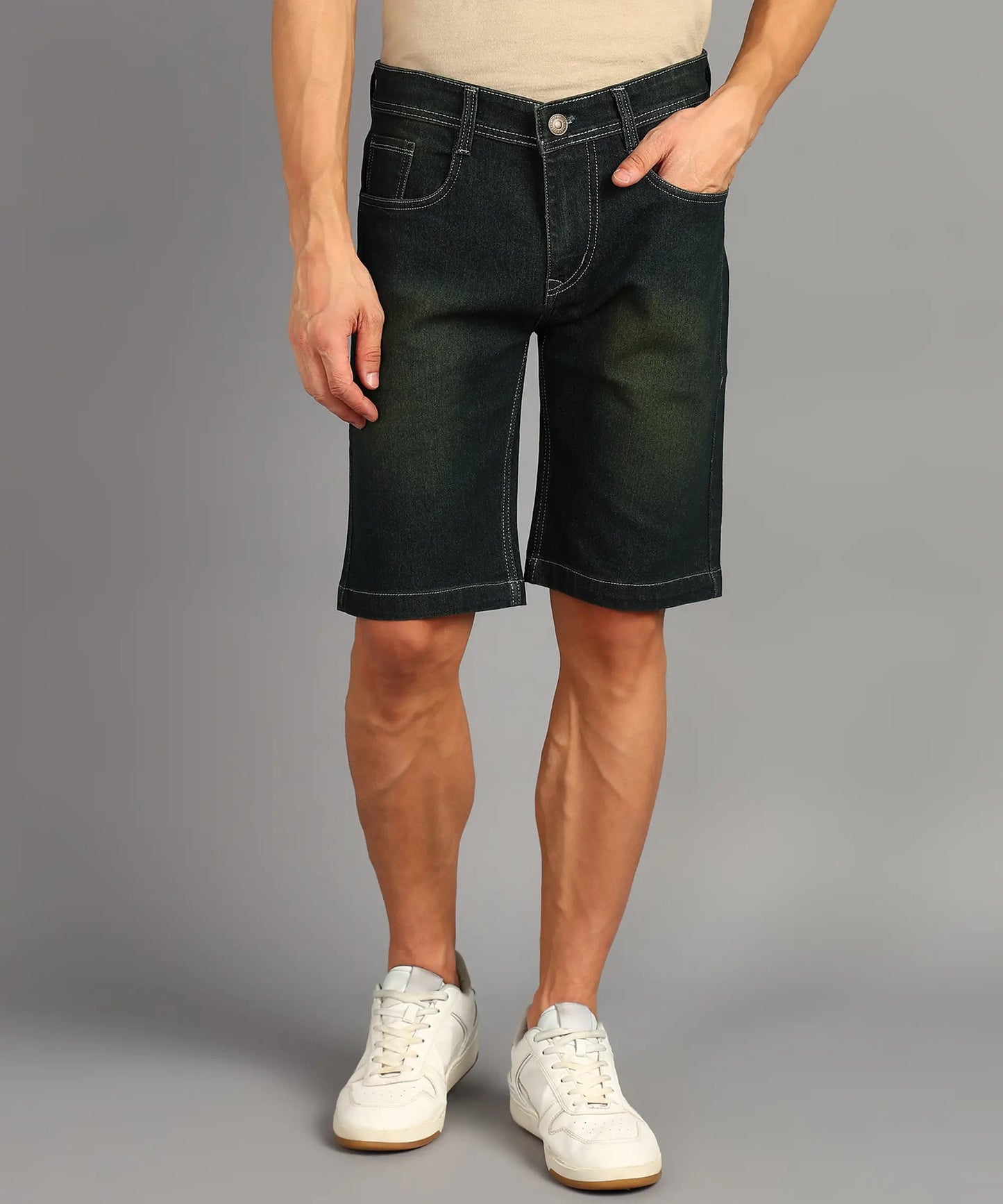 DENIMOR Solid Men Denim Dark Green Shorts DENIMOR