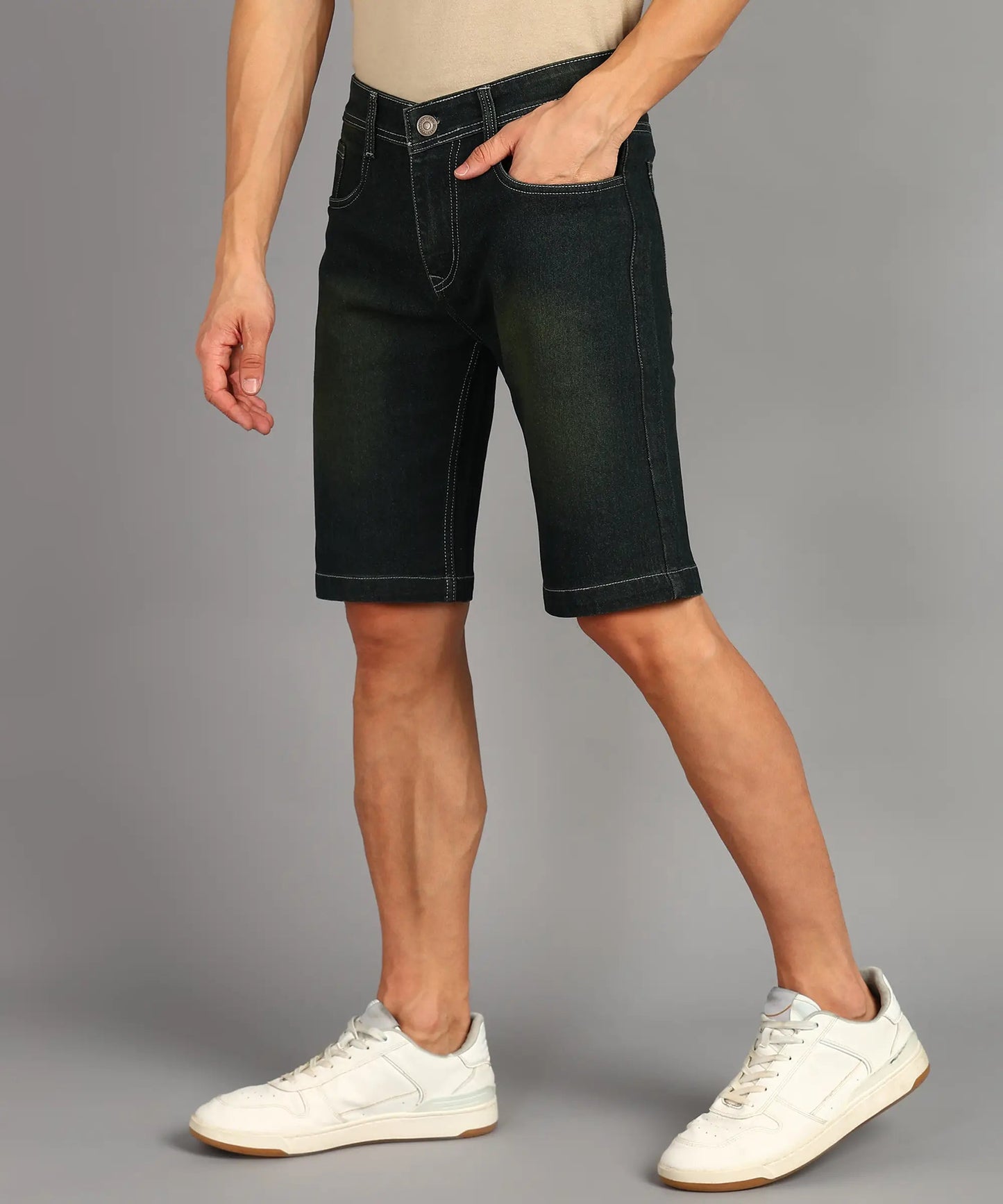 DENIMOR Solid Men Denim Dark Green Shorts DENIMOR