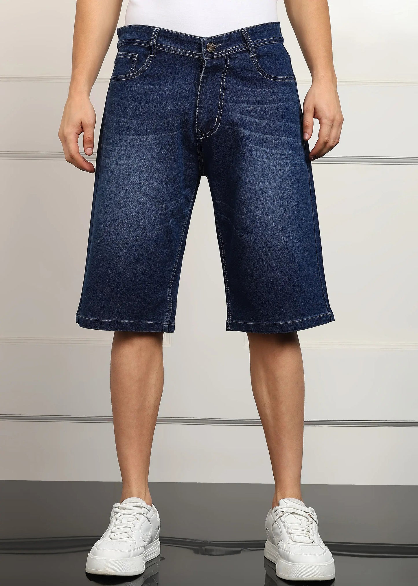 DENIMOR  Solid Men Denim Dark Blue Baggy Shorts DENIMOR