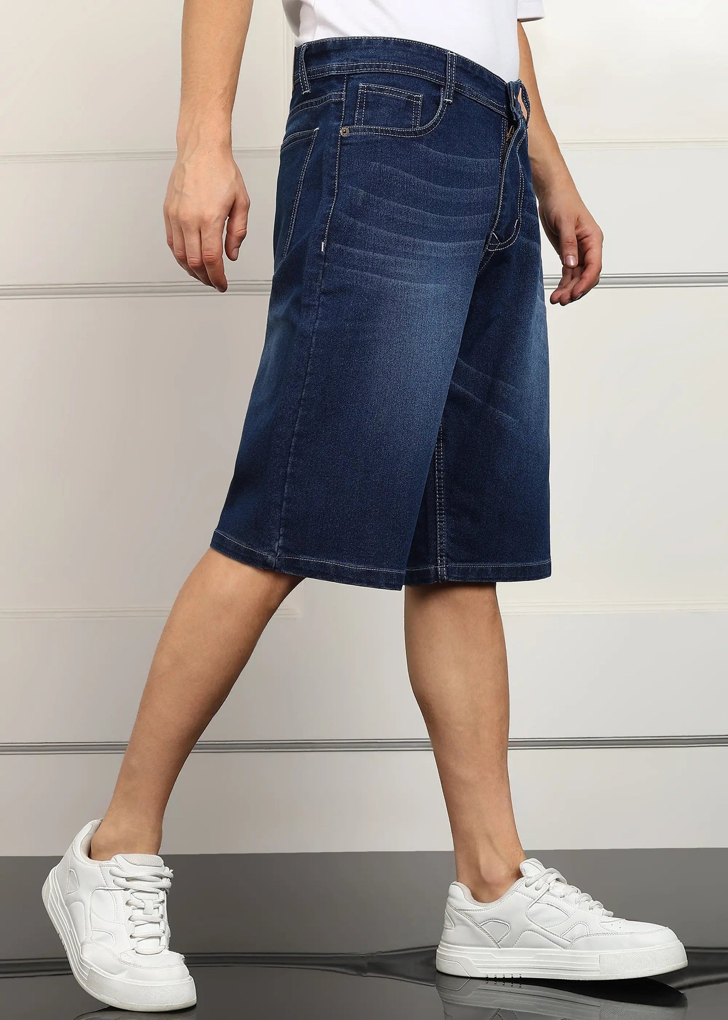 DENIMOR  Solid Men Denim Dark Blue Baggy Shorts DENIMOR