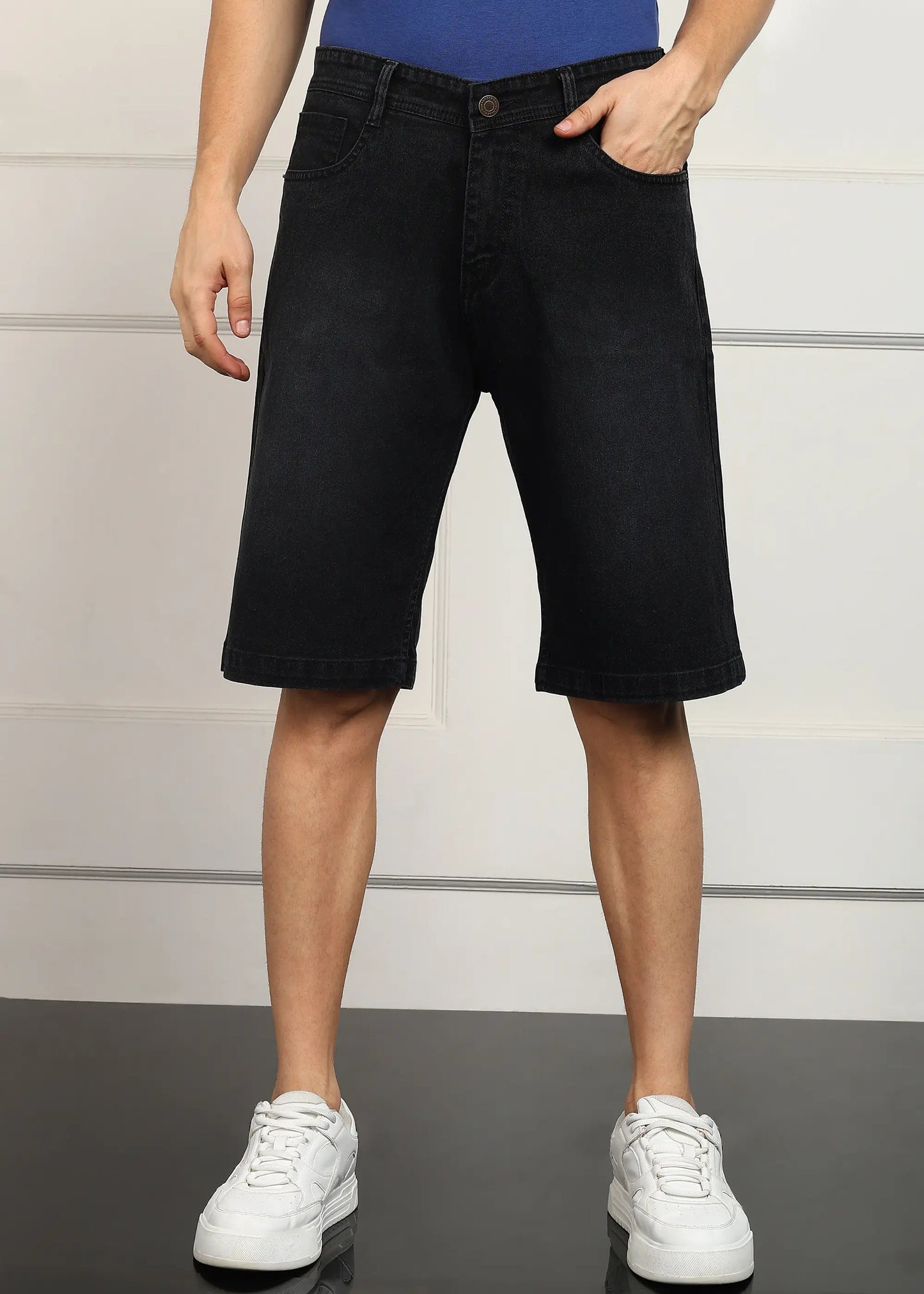 DENIMOR Solid Men Denim Dark Grey Baggy Shorts DENIMOR