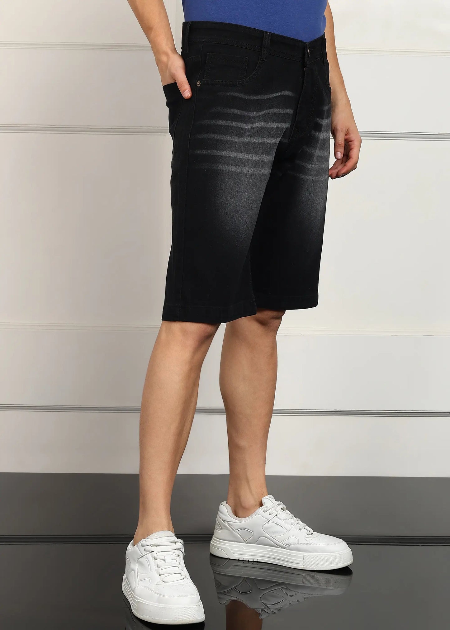 DENIMOR  Solid Men Denim Dark Grey Baggy Shorts DENIMOR