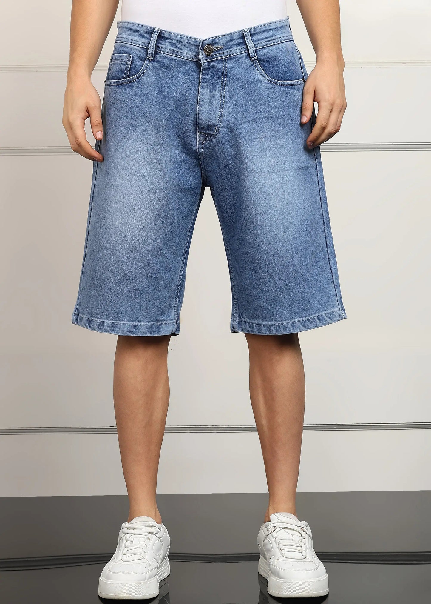 DENIMOR  Solid Men Denim Light Blue Baggy Shorts DENIMOR