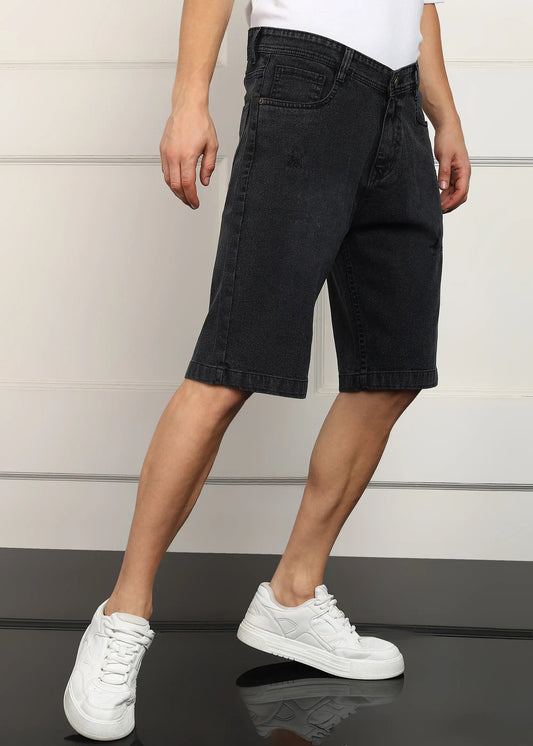 DENIMOR Solid Men Denim Dark Grey Baggy Shorts DENIMOR