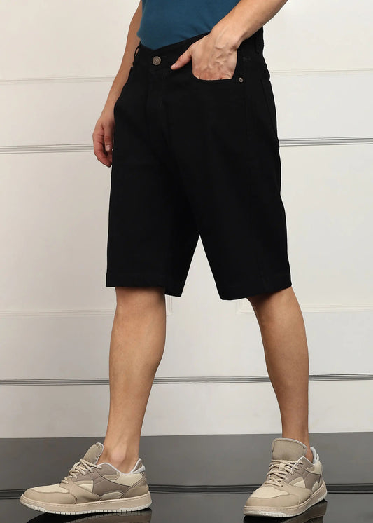 DENIMOR  Solid Men Denim Black Baggy Shorts DENIMOR